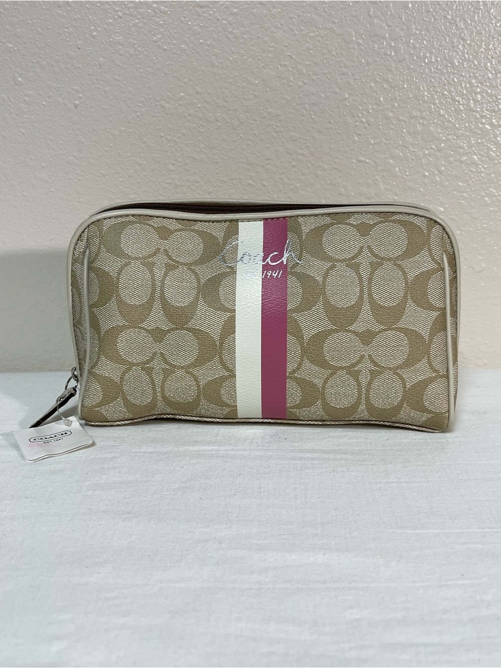 Coach Light Khaki Canvas Cosmetic Pouch with Pink Accent